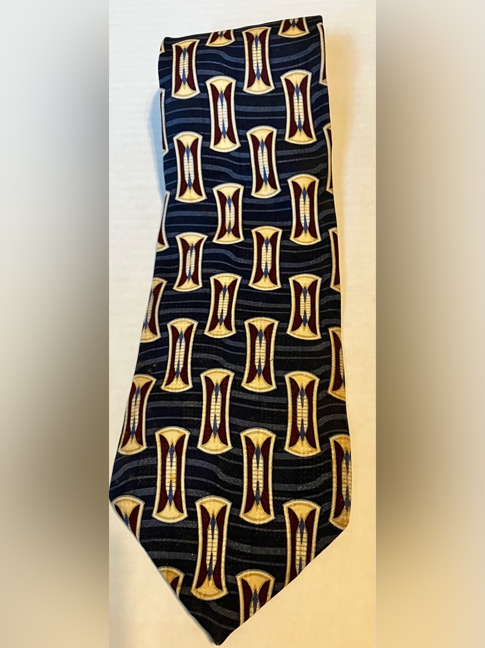 Brandini Silk  Geometric Patterned Tie in Navy, Gold & Burgundy